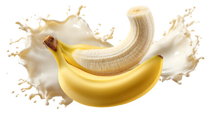Two Ripe Yellow Bananas Splashed With White Milk Cream on Transparent Background, PNG