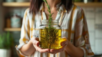 A woman holding a jar of avocado oil and a sprig of rosemary showcasing its versatility in cooking and flavoring dishes.