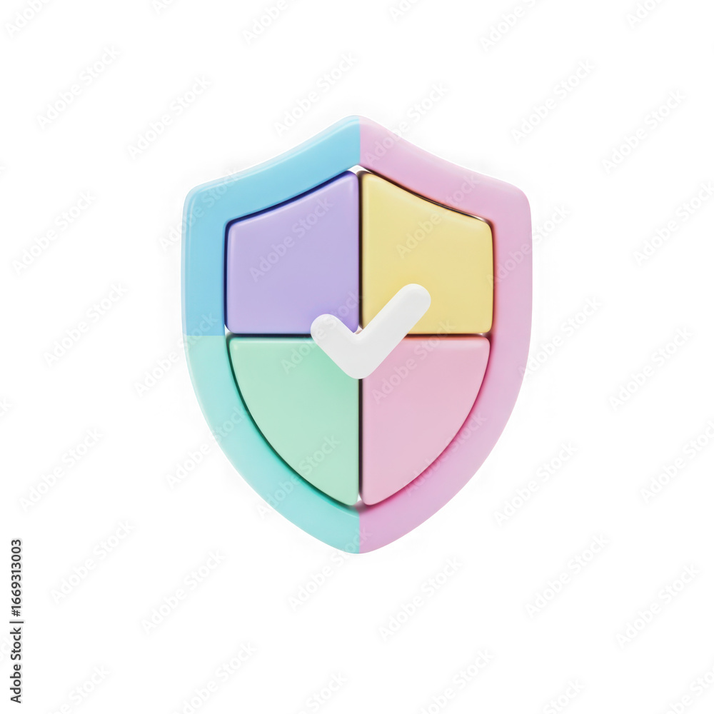 Poster 3d icon of colorful shield with a checkmark, isolated on transparent background