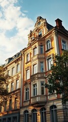 Fototapeta premium Old European buildings with ornate facades, warm sunlight