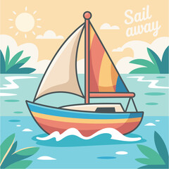 Fototapeta premium Flat Colorful Sailboat with Sea Illustration for Summer Vacation Travel