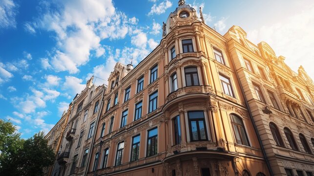 Ornate, light beige buildings with detailed architecture under a partly cloudy blue sky