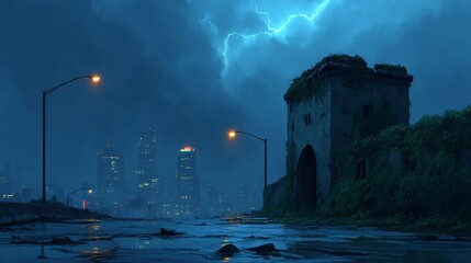 Abandoned Cityscape Under Stormy Sky with Lightning and Overgrowth