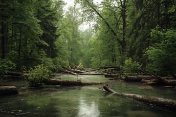 Lush green forest surrounds tranquil river obstructed by numerous fallen logs. wild
