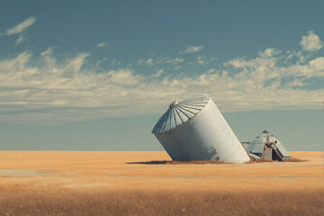 Grain silo tipped over by strong wind, damaged in dry rural field, evoking sense of loss