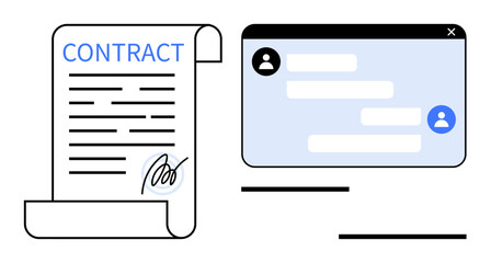 Contract document with signature beside a chat window for communication. Ideal for legal services, remote work, teamwork, agreement management, digital communication, business negotiation, simple