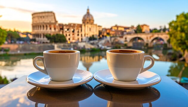 Italian espresso coffee in a white porcelain cup, a reflection of the classic buildings of Rome