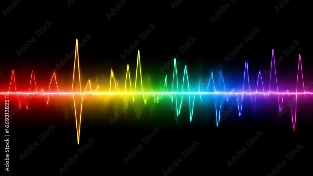 Poster a colorful neon sound wave against a black background moving horizontally across the frame