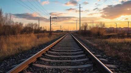 Obraz premium Railroad tracks extending into a golden sunset, passing through fields and industrial landscape