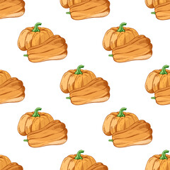 Hand drawn seamless pattern of orange pumpkins with green stems