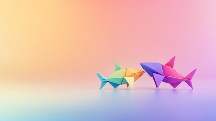Colorful origami sharks on gradient background