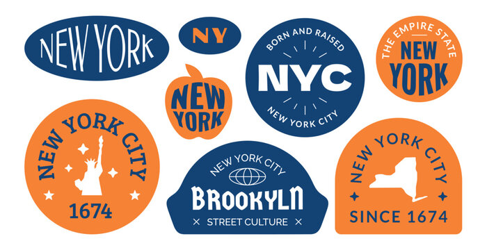 New york city vintage sreetwear style stickers and badges collection. Urban style city typography graphic design.