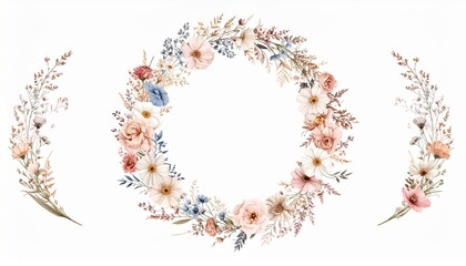 Hand Painted Watercolor Floral Wreath and Crescent Arrangements Set.