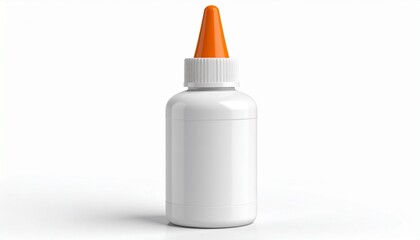White plastic glue bottle with orange applicator tip isolated on a clean white background.