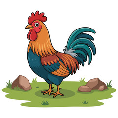 Cute rooster chicken vector flat illustration with landscape isolated on white background