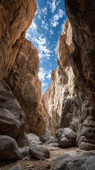Desert canyon, rocky wall, blue sky, narrow passage, sunlight, dramatic landscape, arid