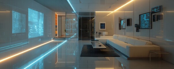Fototapeta premium A modern living room design showcases sleek lines and interactive displays.