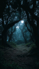 Fototapeta premium Dark forest at night with old gnarled trees and faint moonlight, mysterious and eerie mood