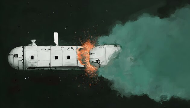 Exploding futuristic white vessel with orange sparks and green gas cloud in dark space - Powered by Adobe