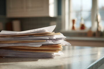 Stack of unpaid utility bills and documents creates feeling of household financial stress