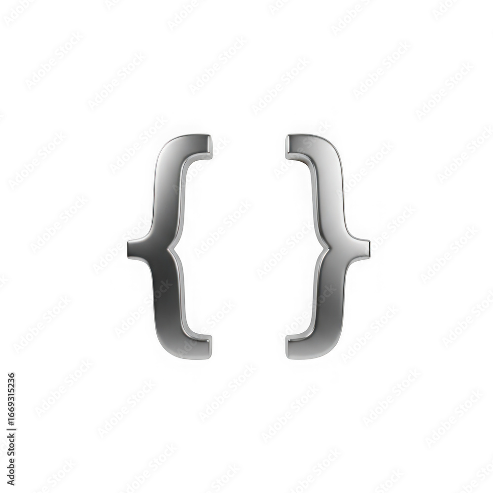 Poster 3d icon of a pair of metallic curly braces or curly brackets, isolated on transparent background