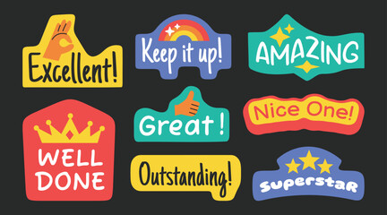 Appreciation word stickers, badges, patchs collection. Great work, amazing, well done, excellent.
