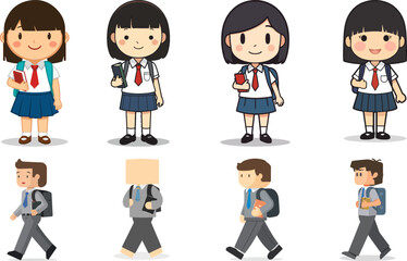 Naklejka premium Cute school children in uniform standing and smiling with cheerful expressions