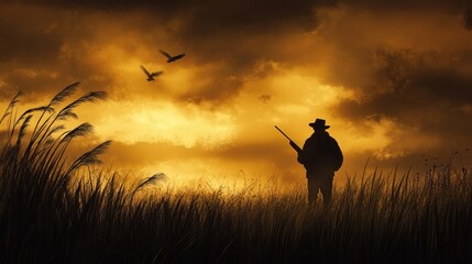 Fototapeta premium Hunter silhouette in golden hour field