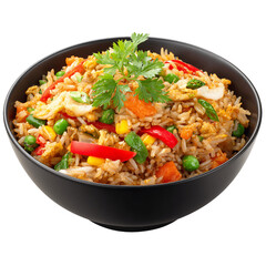 Vegetable Fried Rice with Egg in a Black Bowl, PNG