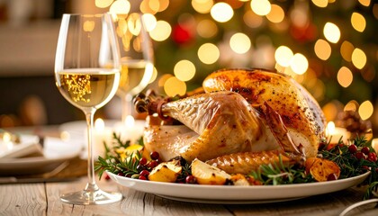 Roasted Turkey Thanksgiving Dinner with White Wine and Festive Lighting