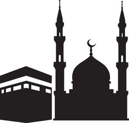 "Kaaba and Islamic Dome with Minarets Silhouette | Vector Black Mosque Illustration | Ultra HD"