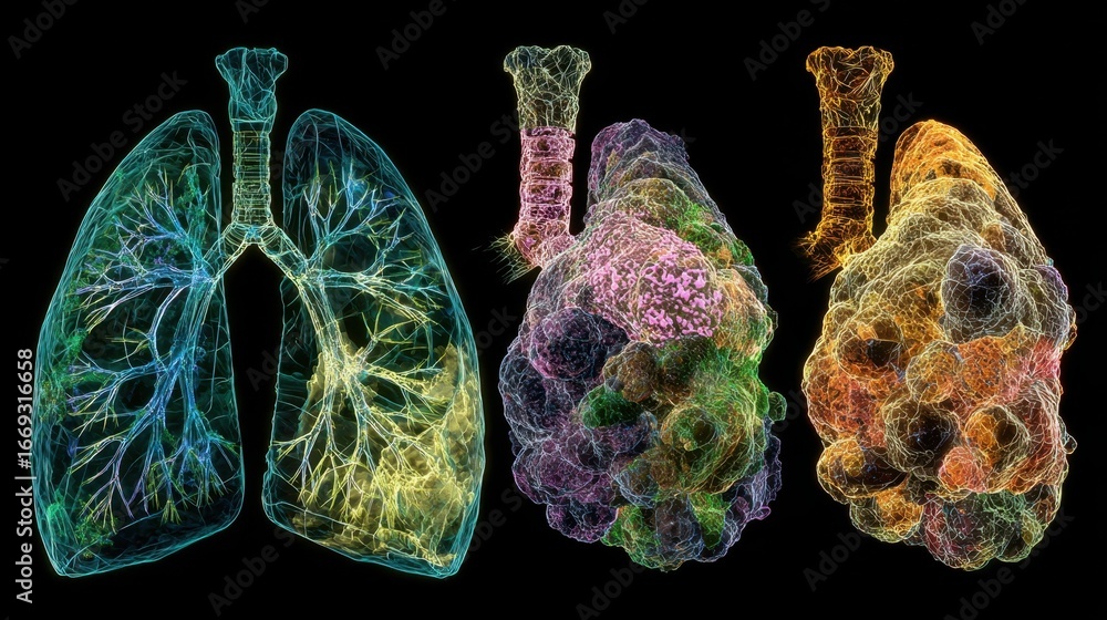Aufkleber dynamic graphic showing progression of lung nodule calcification with radiant neon white mineral dep