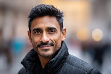 Fototapeta premium A close-up portrait of a man with a pleasant expression, showcasing a warm and approachable demeanor.