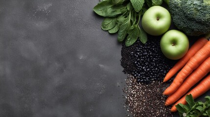 Fresh vegetables and fruits flat lay featuring carrots, broccoli, green apples, carob beans, spinach leaves, black quinoa seeds, and mint leaves arranged on the right, with clean copy space at top lef