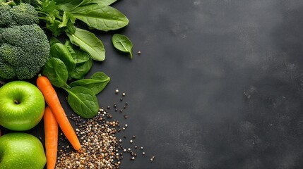 Fresh vegetables and fruits flat lay featuring carrots, broccoli, green apples, carob beans, spinach leaves, black quinoa seeds, and mint leaves arranged on the right, with clean copy space at top lef
