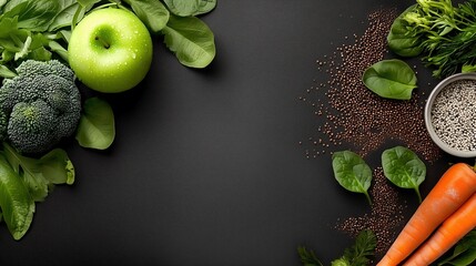 Fresh vegetables and fruits flat lay featuring carrots, broccoli, green apples, carob beans, spinach leaves, black quinoa seeds, and mint leaves arranged on the right, with clean copy space at top lef