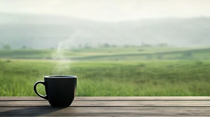 Coffee mug with steam overlooking green field