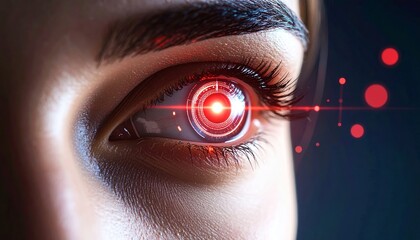 Futuristic vision a cyborg eye implant with glowing red interface elements