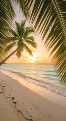 Tropical beach at sunset, with palm trees and footprints in the sand.
