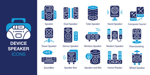 Device Speaker icon set. Containing speaker, device, voice, sound, equipment, and more. Solid vector icons collection. Vector illustration.