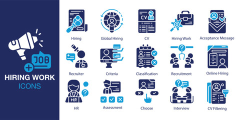 Hiring Work icon set. Containing work, job, employee, hiring, interview, and more. Solid vector icons collection. Vector illustration.