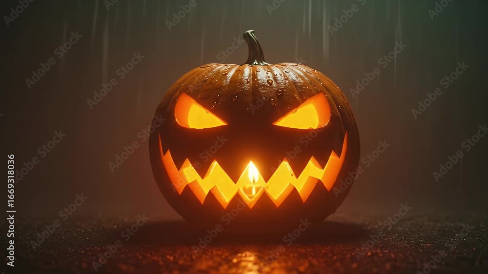 Poster glowing jackolantern with sharp teeth carved for halloween set against a dark backdrop with rain eff