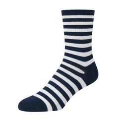 Navy blue and white striped crew sock studio shot isolated on white background