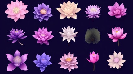 Colorful lotus flower illustrations set