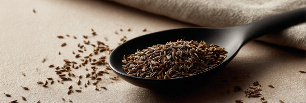 Aromatic cumin seed and spice rest in black matte spoon, evoking culinary delight
