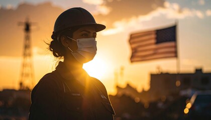Woman in protective gear observes setting sun with American flag backdrop