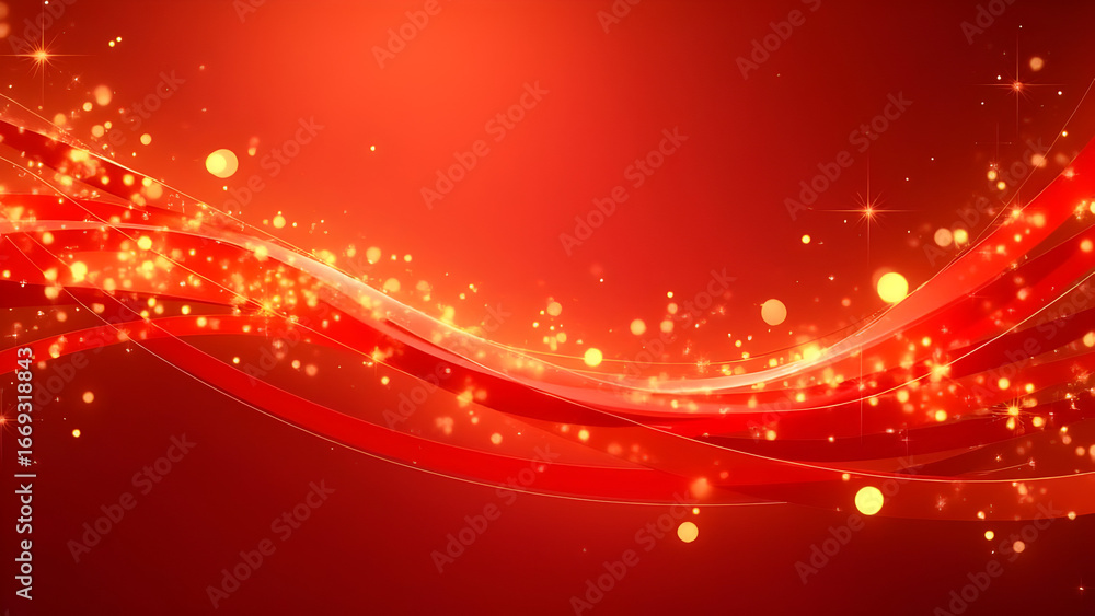 Poster festive red background with glowing particles and flowing elegant lines