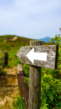 Wooden trail marker pointing left