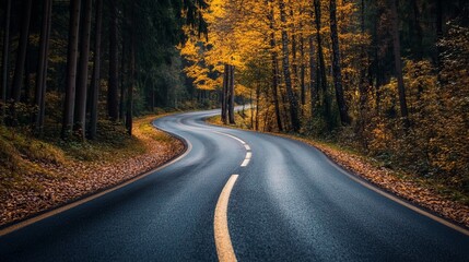 Naklejka premium Winding road through autumn forest