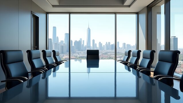 Modern Corporate Boardroom with Conference Table, Executive Chairs, and Panoramic City View for Business Concepts